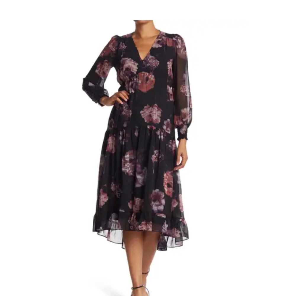 Black & Purple Floral Midi Dress Size 2 (Small)